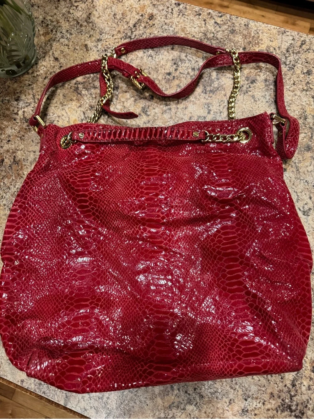 Michael Kors Red Snake-Embossed Shoulder Bag with Gold Chain Strap - Picture 2 of 6